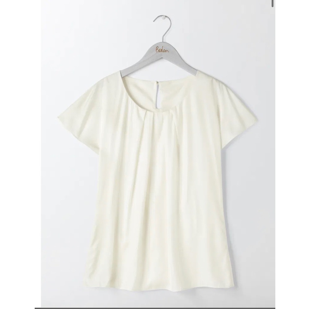 Boden Ravello Top Women 8 Ivory Silk Blend Pleated Short Sleeve Blouse